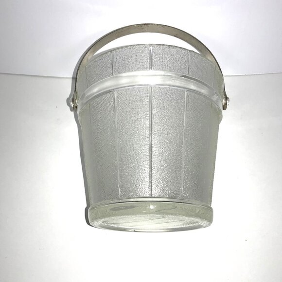 Ice Bucket Glass w/Hammered Metal Handle Oak Barrel Pattern Mid-Century Mod - Picture 7 of 10